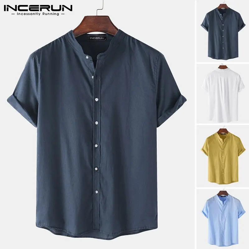 

INCERUN Solid Color Men Casual Shirt Cotton Stand Collar Short Sleeve Harajuku Men Clothing 2021 Summer Button Camisa Masculina