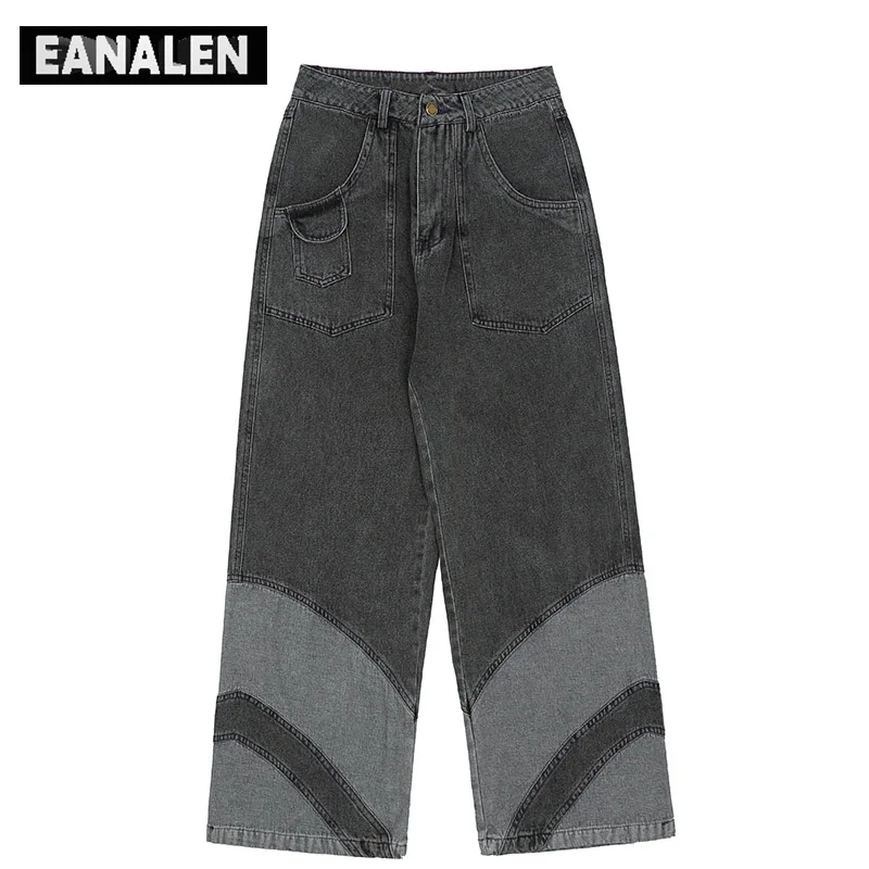 

Men's loose stitching patchwork jeans straight-leg denim trousers streetwear Harajuku punk rock pants casual Korean style