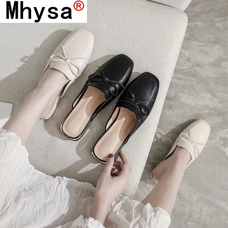 

Summer Solid Color Bow Slippers 2021 New Slip on PU Leather Shoes Woman Square Toe Low Heels Baotou Casual Slippers Plus Size 43