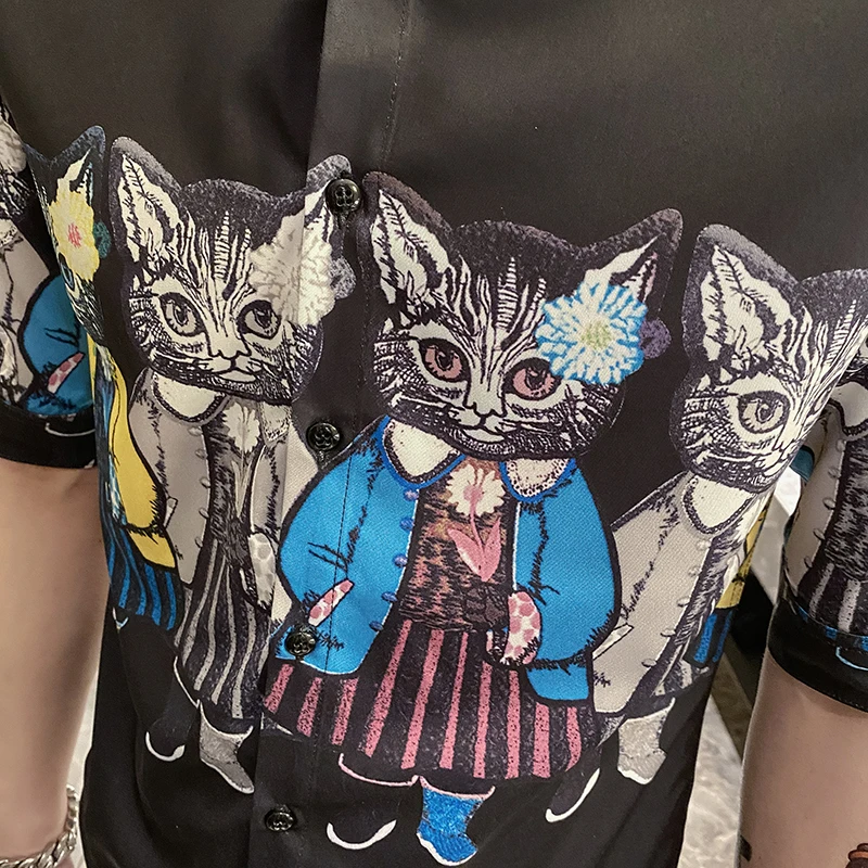 

Cartoon Cat Print Shirt Men Short Sleeve Streetwear Male Clothing 2021 Summer Casual Slim Social Nightclub Party Chemise Homme
