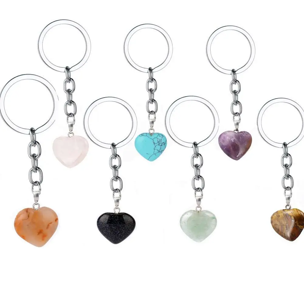 

Fashion Gift Jewelry Quartz Crystal Heart Chakra Key Chain Bag Pendant Natural Stone Keychain Keyring