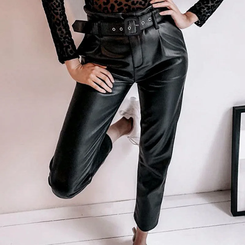 

Gold Black Belt High Waist Pencil Pant Women Faux Leather PU Sashes Long Trousers Casual Sexy Exclusive Design Fashion