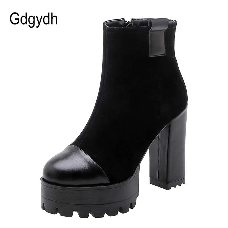 Женские ботильоны на платформе Gdgydh черные Лоскутные полусапожки высоком каблуке