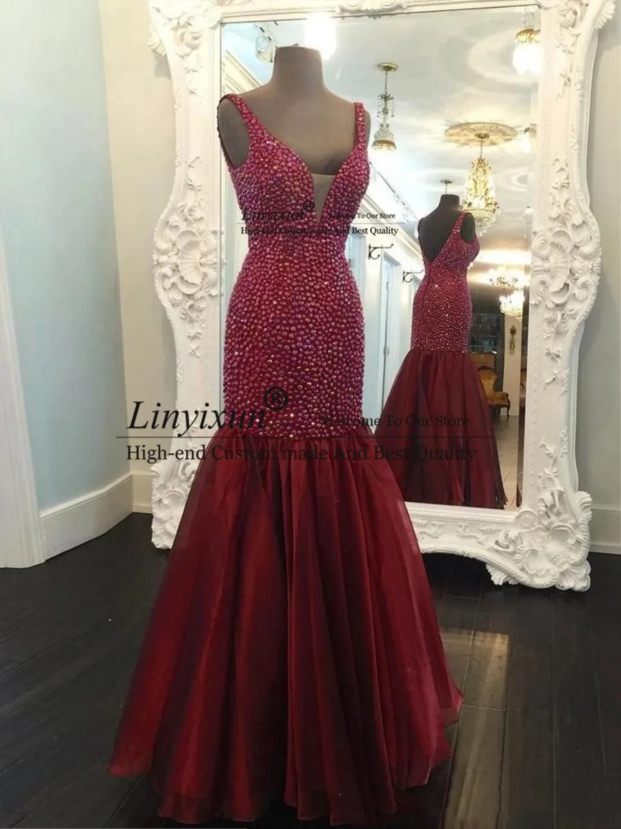 

Sparkly Deep V-Neck Burgundy Prom Dresses Mermaid Major Beading Form Fitting Prom Dresses Low V Back Formal Dresses for Women