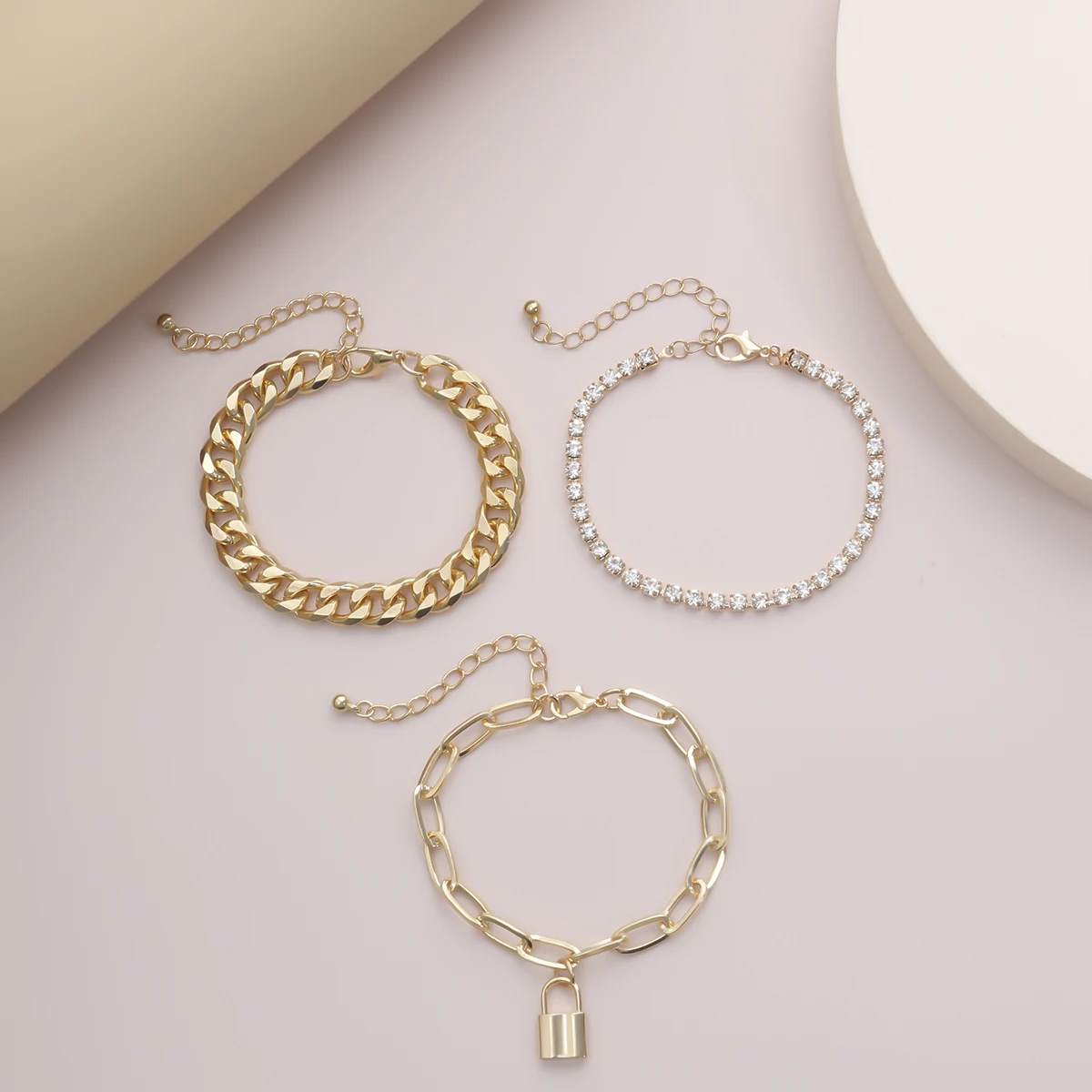

KunJoe Punk Heavy Metal Crystal Lock Pendant Bracelets Set Female Hip Hop Rock Chunky Thick Gold Color Bracelet Bangles Jewelry