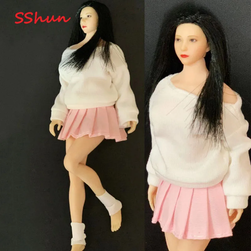 

New Styles 1/12TBL Scale Female Soldier Doll Set White Long Sleeve T-shirt Pink Pleated Skirt For Action Figure Body DIY
