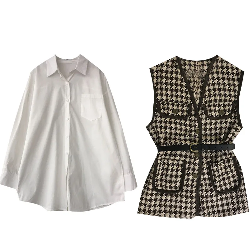 

SHENGPALAE Women's Spring 2021 New Sleeveless Plaid Vest With Belt +White Lapel Single Breasted Shirt Two Piece Set Female 5B163