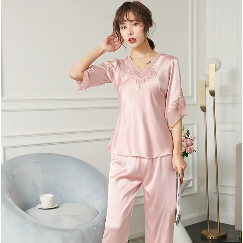 Fdfklak Silk Pajamas V-Neck Pyjamas Woman Night Sleepwear Set Pijama Sexy 2 Piece Home Clothes 2020 New Summer Top+Pant | Женская одежда