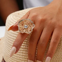exquisite big flower gold rings for women boho stylish hollow alloy zircon wedding promise adjustable ring bridal jewelry gift