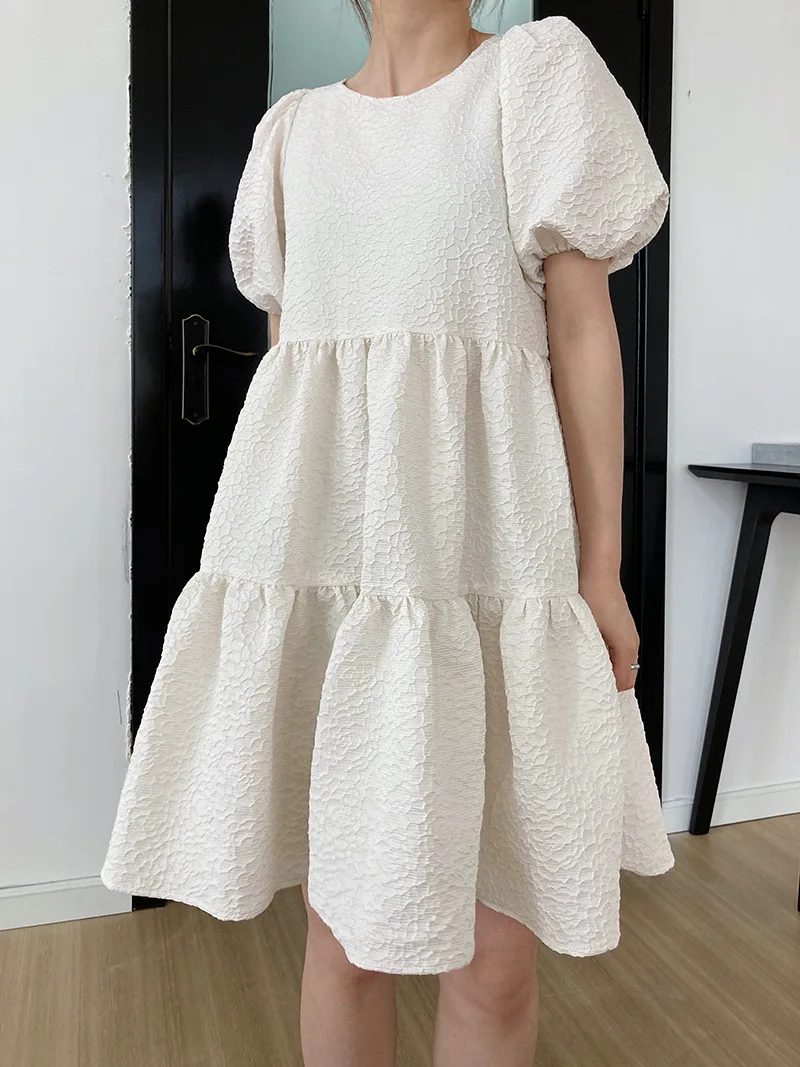 

French Style Stereo Pressing Flower Ball Gown Women Dress Summer Elegant Solid Color Short Sleeve Clothing Dress For Women