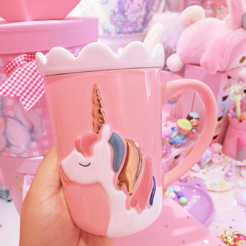 Розовые милые кружки для девушек с крышкой и ложкой керамическая креативная
