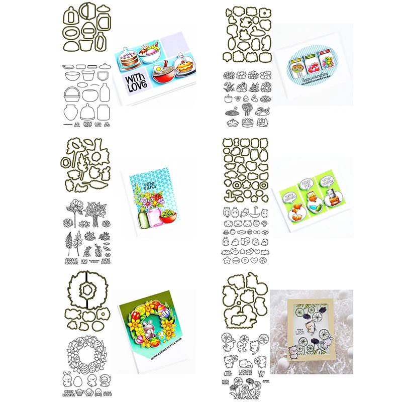 

Mixed Bottle Can Little Pig Bunny Cat Head Metal Dies with Coordinating Stamps Cake Bread Wreath Plants DIY 2021 New