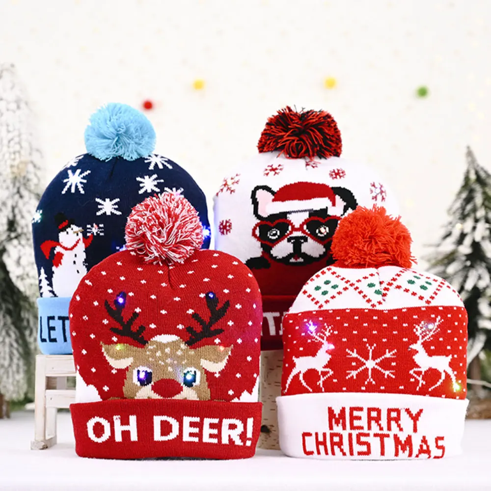 

LED Christmas Santa Hat Children Beanie Elk Snowman Pattern Xmas Knitted Hats With Flash Lamp Winter Christmas Cap New Year Gift