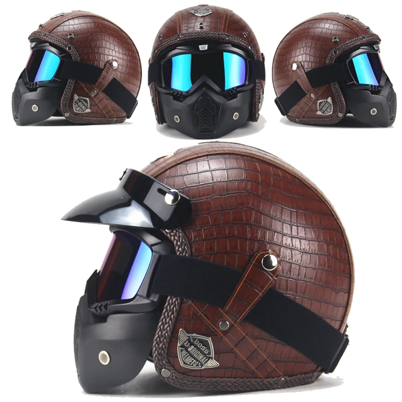 

Motorcycle Helmet PU Leather Retro Helmet 3/4 Motorcycle Chopper Bicycle Helmet Vintage Motorcycle Helmet and Goggles Mask