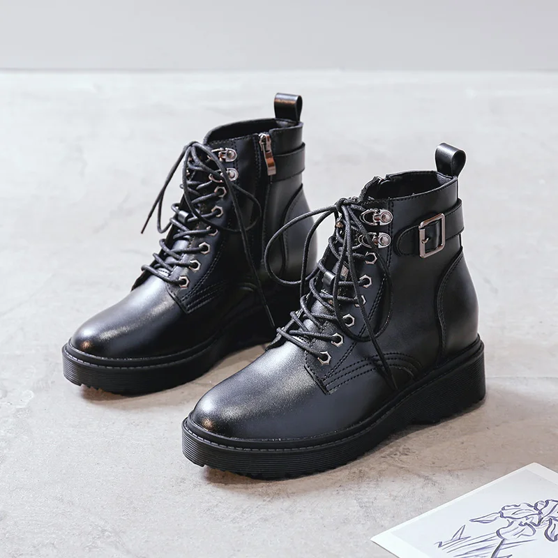 

Женские ботинки из коровьей кожи, Черные ботильоны на платформе, повседневные, для вечеринок, банкетов