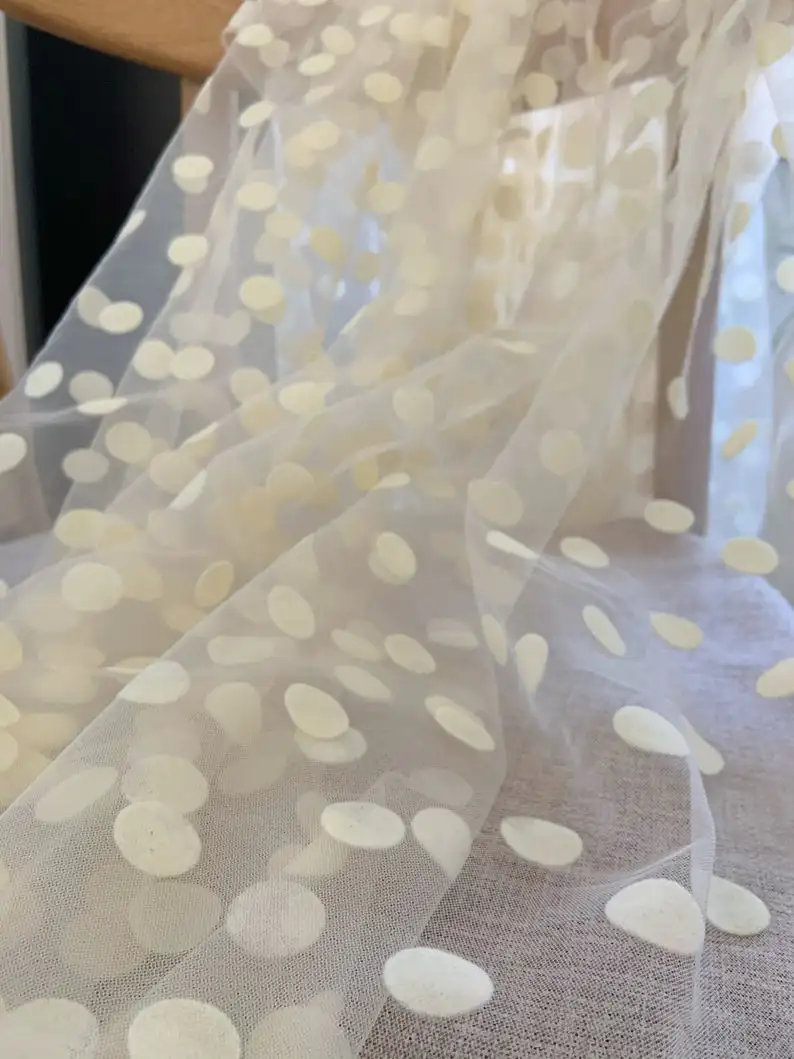 

10 yards Beige tulle Lace fabric with velvet polka dots