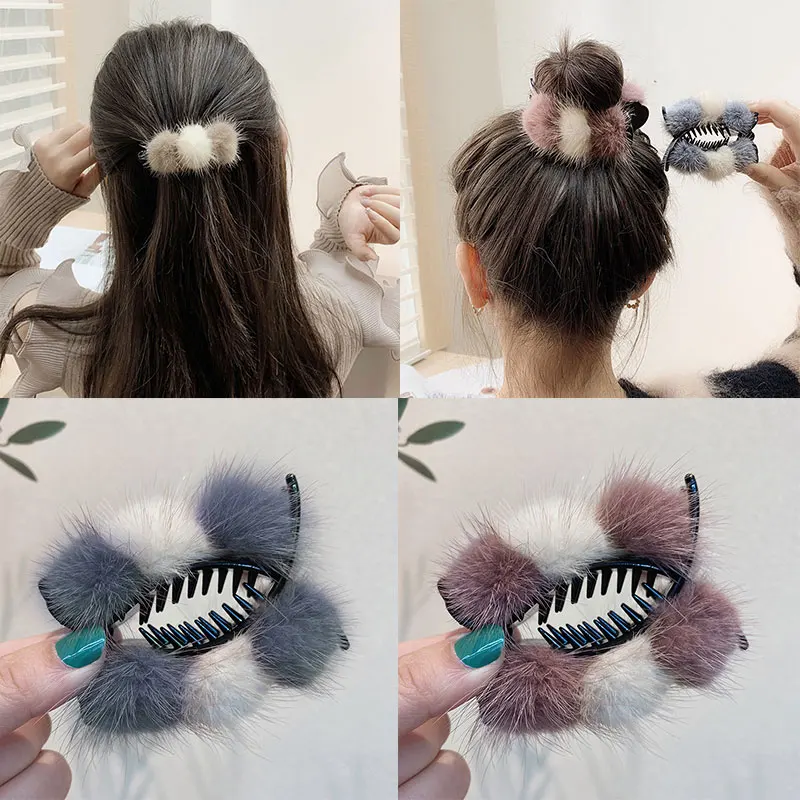 

Female Mink Fur Hairy Barrette Creative Portable Fashion Hairball Plush Hair Claws Crab Splicing Colors Furry Hair Clip