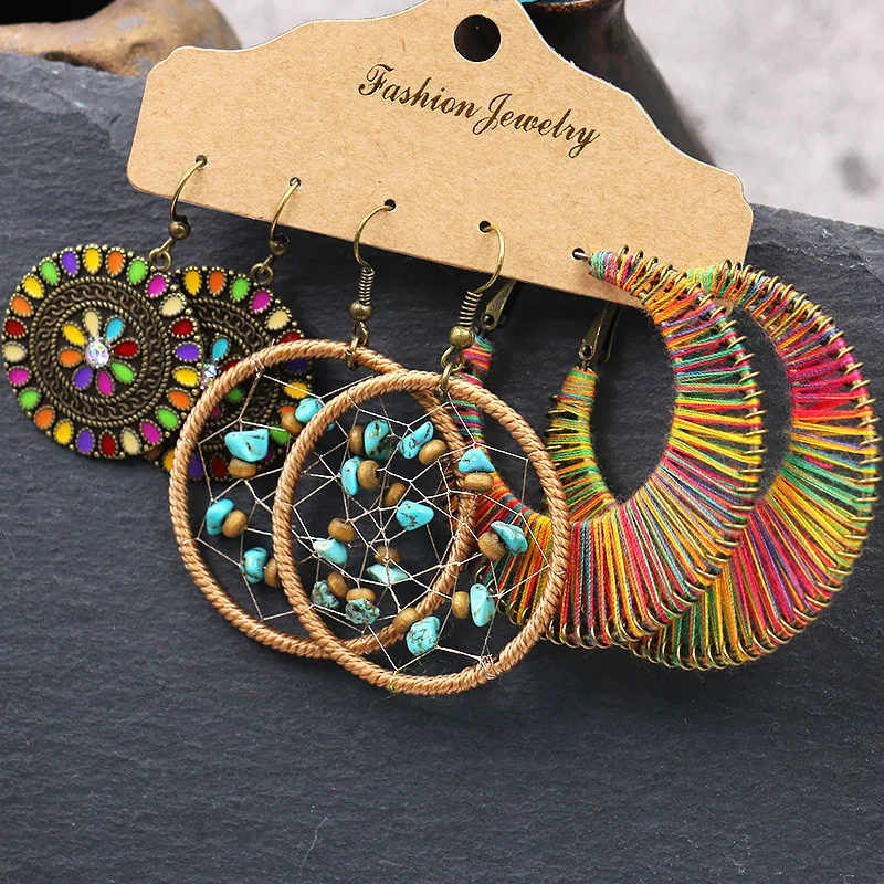 

Hot Style Geometry Tassel Vintage Fashion Handmade 3 Pair Sets Women Earrings Bohemia Ethnic Ear Studs