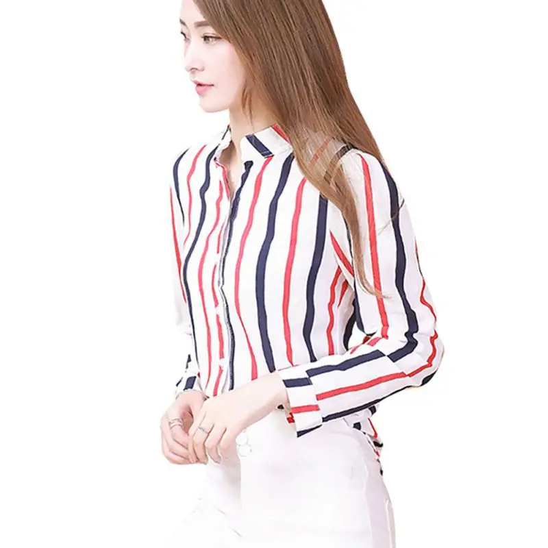

2019 Vintage Women Temperament Striped Print Single-breasted Lapel Slim Loose Blouse Long Sleeve Casual Tops Female