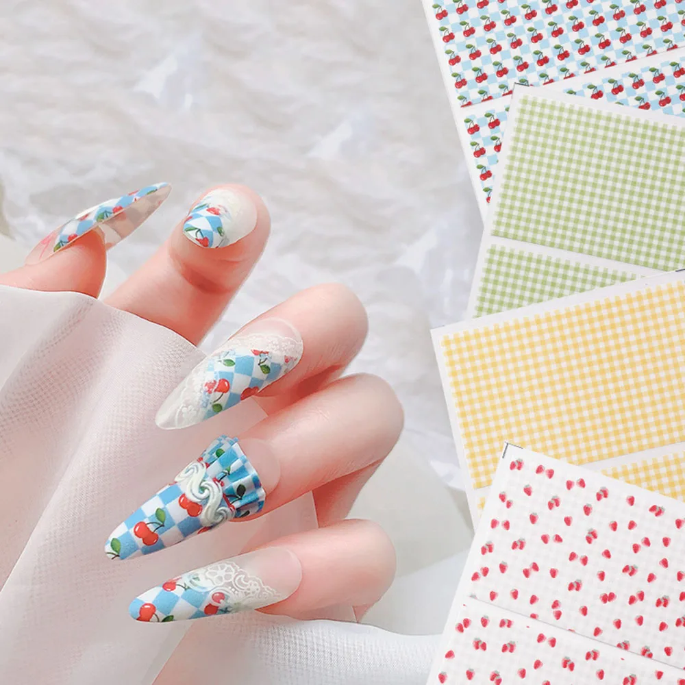 

1 Pc Small Fresh Style Strawberry Nail Sticker Scottish Style Plaid Series 5D Engraved Nail Art Decoration Charm Manicure Tools