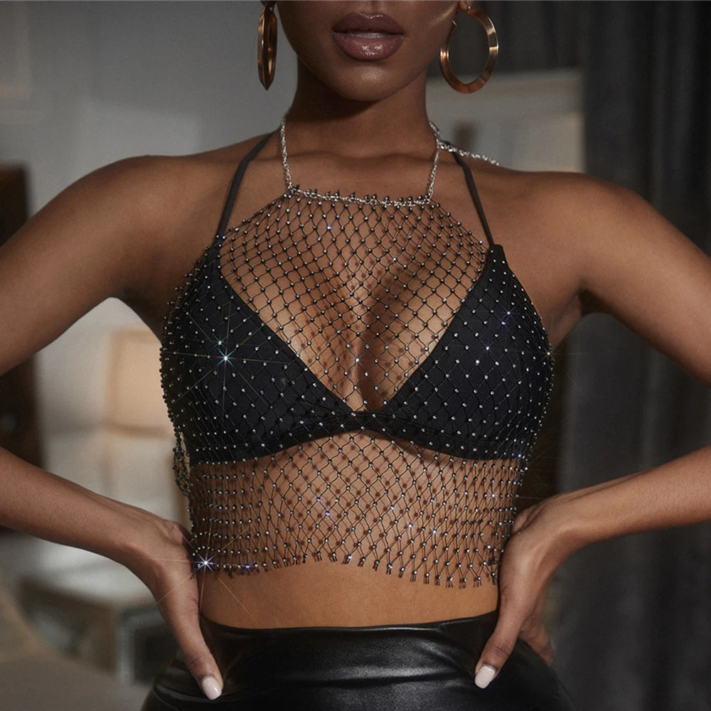 

Sexy halter Rhinestone corset crop top women 2023 summer see through Fishnet tank top beach club party rave outfits womens tops