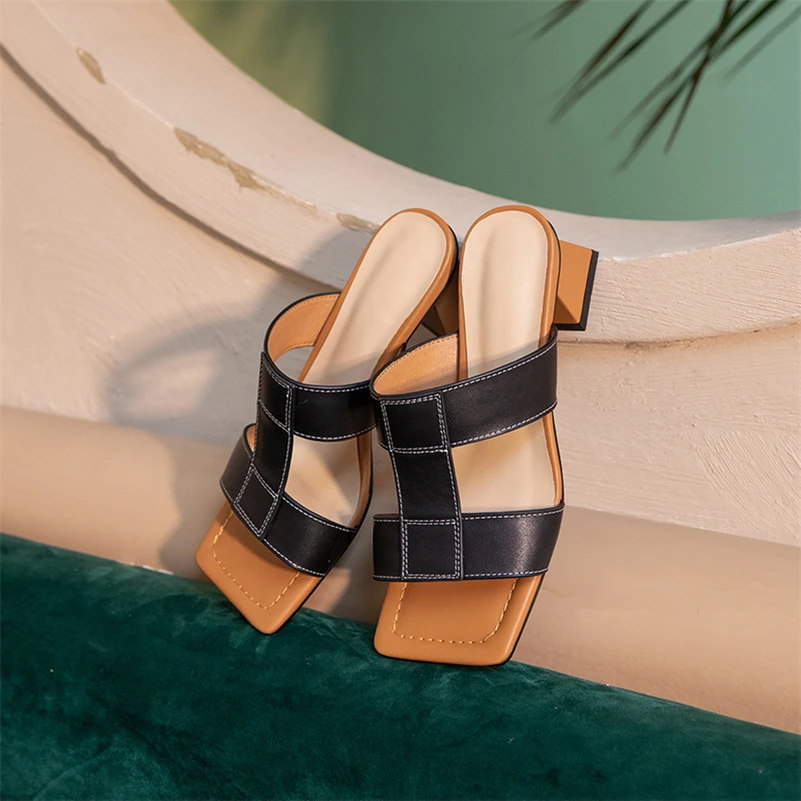 

Meotina Genuine Leather Women Sandals Square Toe Thick High Heel Shoes Slides Summer Slippers Ladies Footwear 2021 White 40