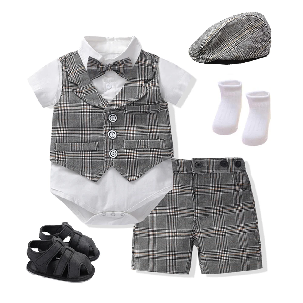 

Baby Boy Suit Elegant Clothes Outfits Set Infant Birthday Party Formal Dress Newborn Costume Plaid Vest +Romper +pants +Bow