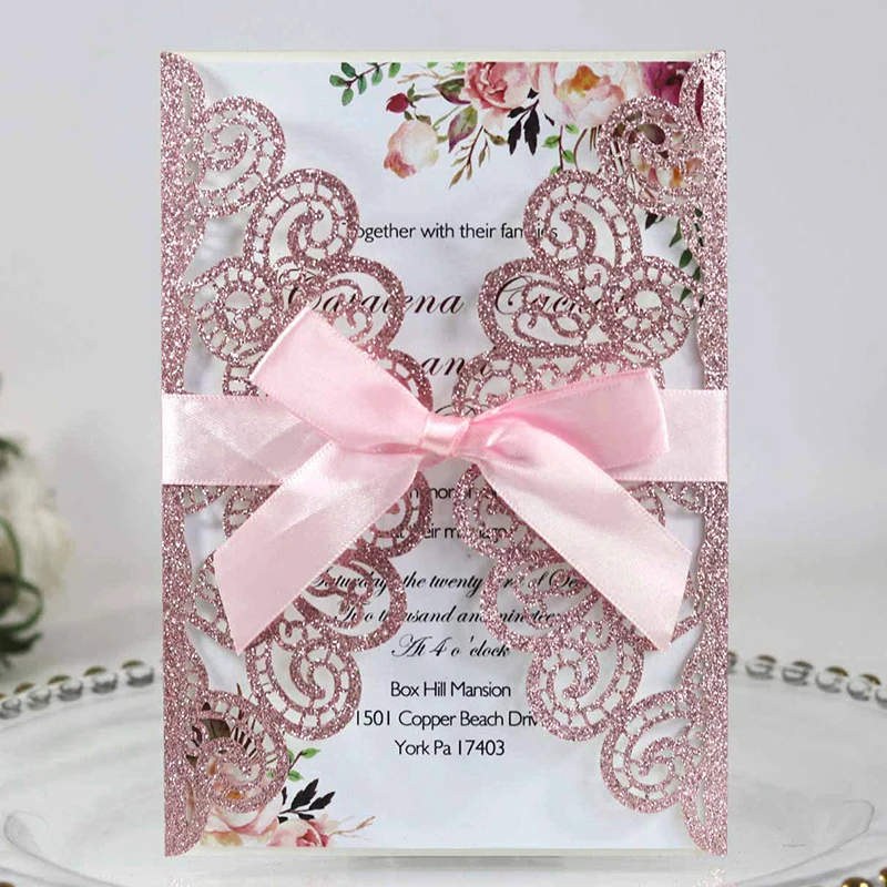 50 шт. блестящие бумажные Пригласительные открытки с лентой лазерной резкой