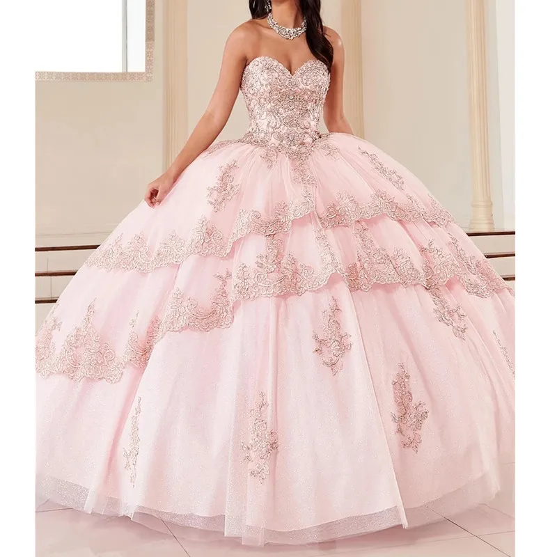 

Pink Princess Quinceanera Dresses Modest 3D Floral Handmade Flower Off Shoulder Puffy Skirt Royal Train Vestidos De Quinceaera