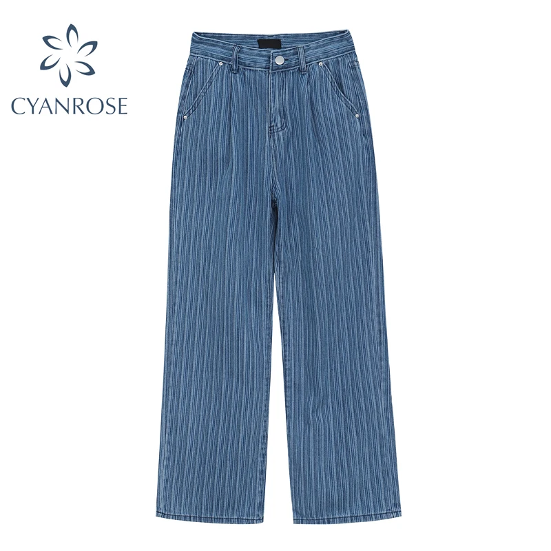 

Streetwear Vintage High Waist Stripe Straight Denim Pants Women's 2021 New Summer Fashion Blue Wide Leg Jeans Causal Lady Pant