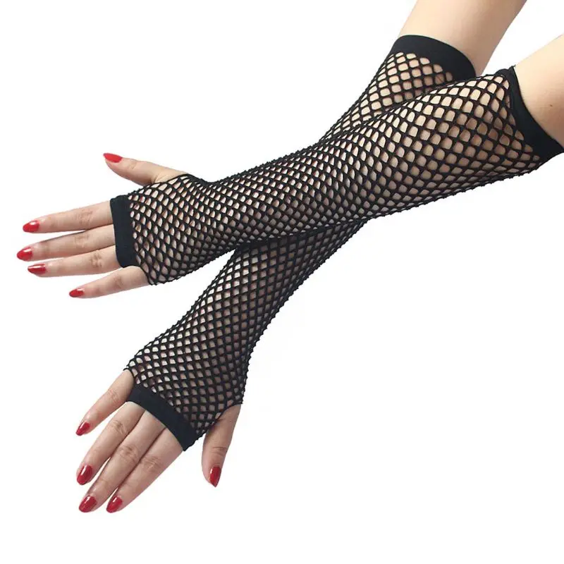 

2021 New Women Punk Gothic Solid Color Fishnet Half Hand Fingerless Long Golves With Thumb Hole Wrist Length Hollow Out Mittens