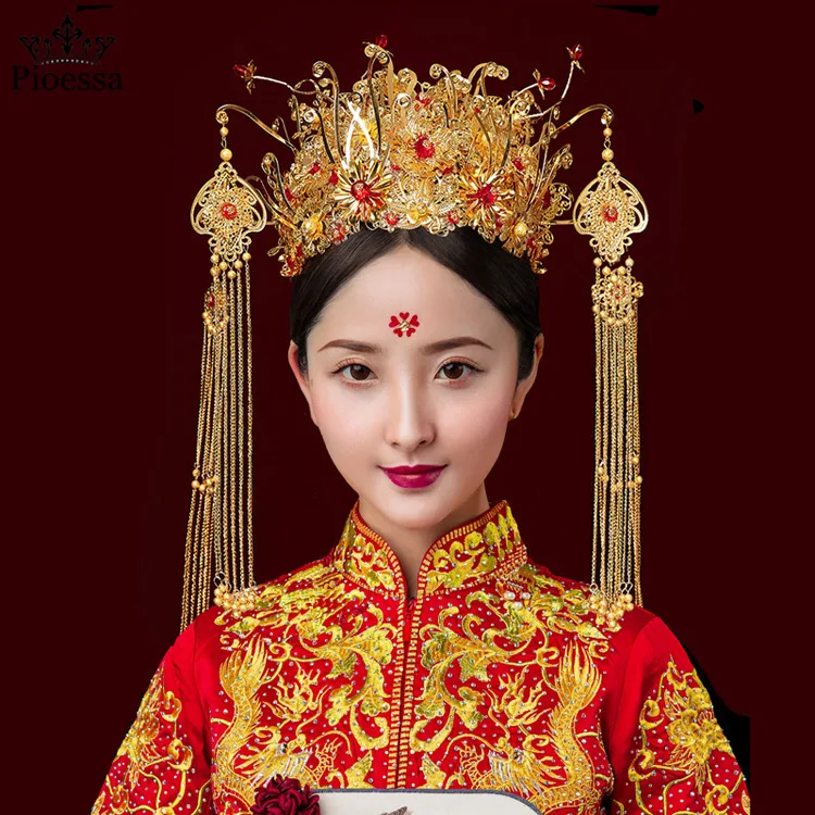 

Головной убор Pioessa Xiuhe, новый набор для невесты в китайском стиле, Корона феникса с кисточками, аксессуары для волос в старинном стиле, золотистые
