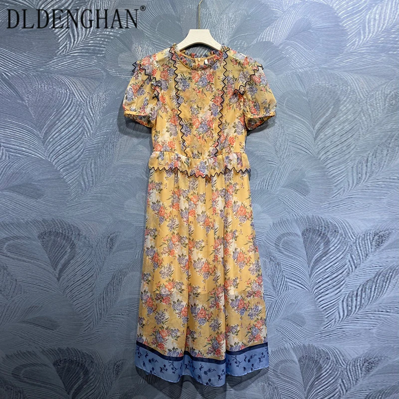 

DLDENGHAN Fashion Floral Print Summer Chiffon Dress Women Stand Collar Puff Sleeve Embroidery Ruffle Vintage Dresses