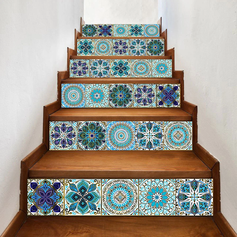 

6pcs/set Hot Sale Green Mandala Style Stair Sticker Home Decoration Peel & Stick Waterproof PVC Art Mural Wall Stickers