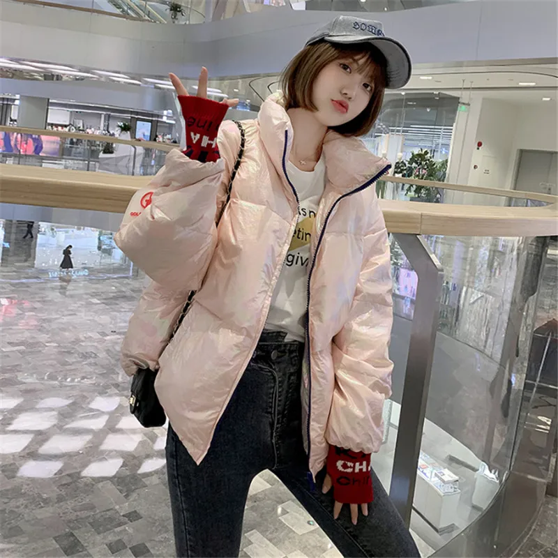 Розовый Модная одежда пуховики женские повседневные круглый воротник с капюшоном на молнии Верхняя одежда Зимние Новые Женские глянцевые теплые куртки - Цвет: Розовый