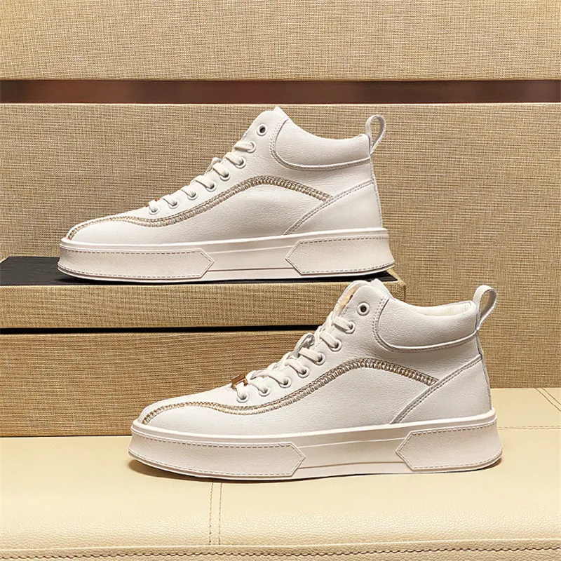 

White Luxury Leather Men's Shoes Punk Sneakers Hip Hop Flats Loafers Web Celebrity High Tops Ankle Boots Zapatillas Hombre