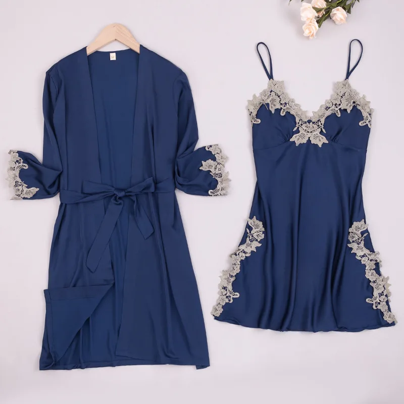 

Women Kimono Gown Summer New Satin 2PCS Robe Set Sexy Lace Sleepwear Nightgown Loose Nightwear Intimate Lingerie With Pads