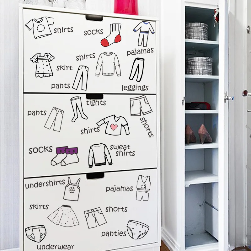 

Creative Bedroom Home Decor Wall Stickers Bedroom Wardrobe Logo Color Clothing Sticker Household Storage Instructions