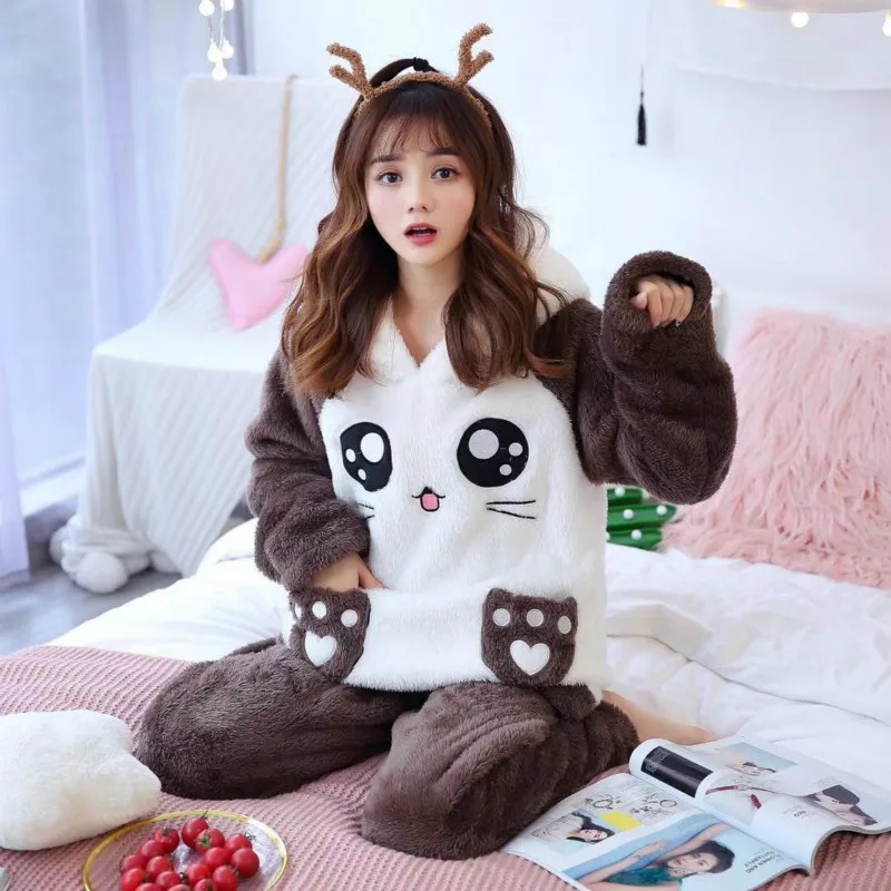 Plus Velvet Thick Pajamas Set Flannel New Pajamas Women Autumn and Winter Cute Hooded Coral Fleece Warm Female Long Sleeves