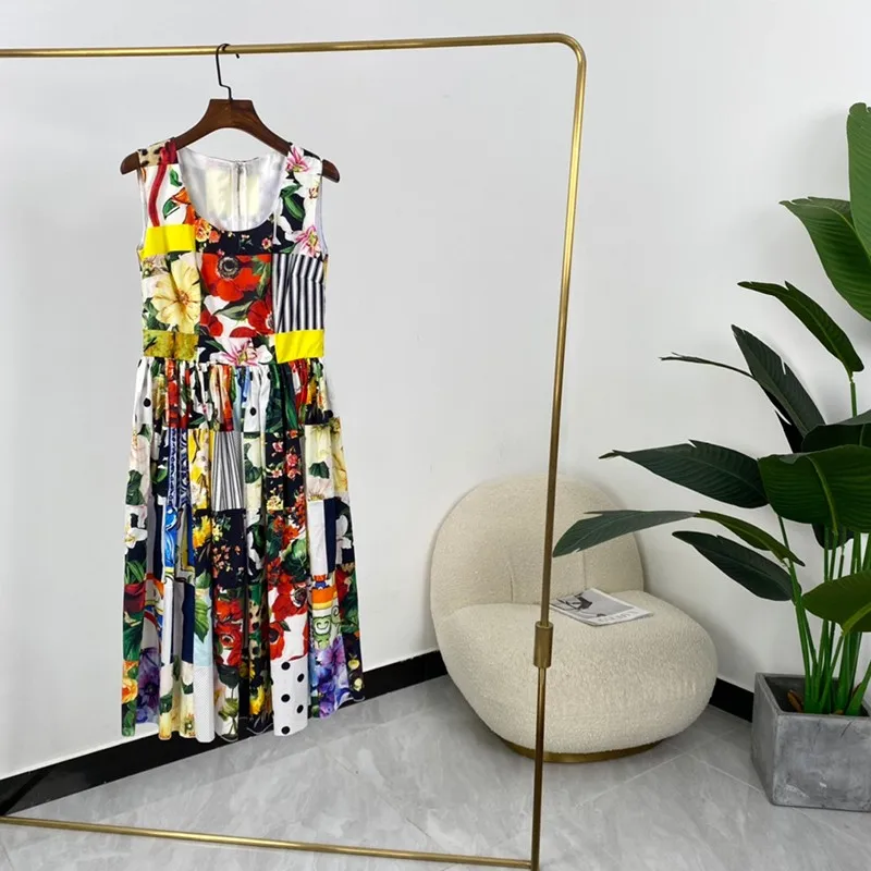 

High Quality Cotton Summer Women Fashion A-line Floral Print Sleeveless Mid-Calf Dresses