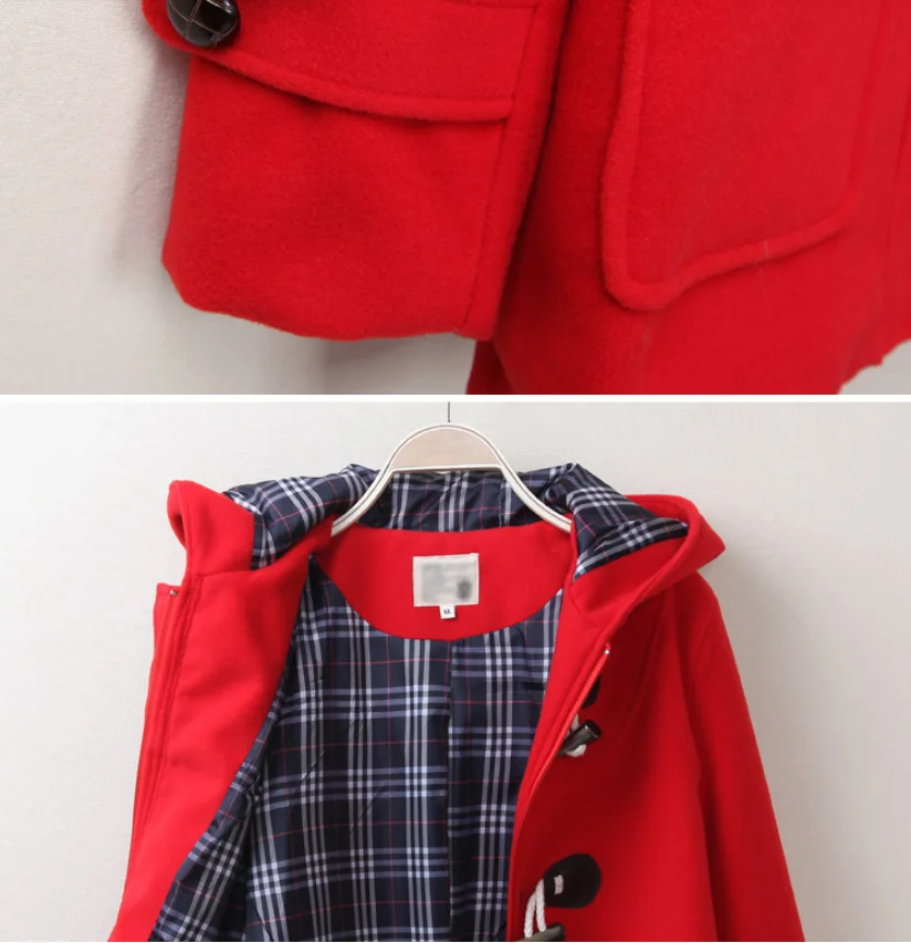 Длинное пальто с отложным воротником и пуговица из рога капюшон шерстяное