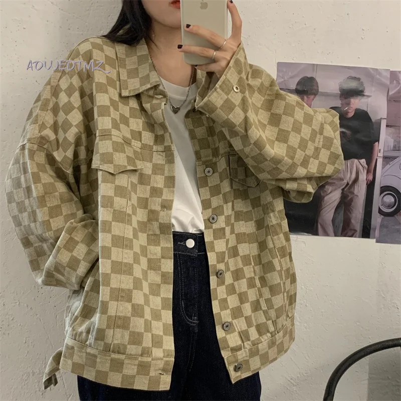 

AOWDTMZ 2021 High Quality Retro Fashion Oversized Plaid Jacket Women's 2021 Fashion Lapel Long Sleeve Loose Jacket Chic Top