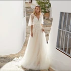 Романтическое свадебное платье, ТРАПЕЦИЕВИДНОЕ кружевное платье невесты со шлейфом и открытой спиной, с V-образным вырезом, рукавами до локтей, 2021