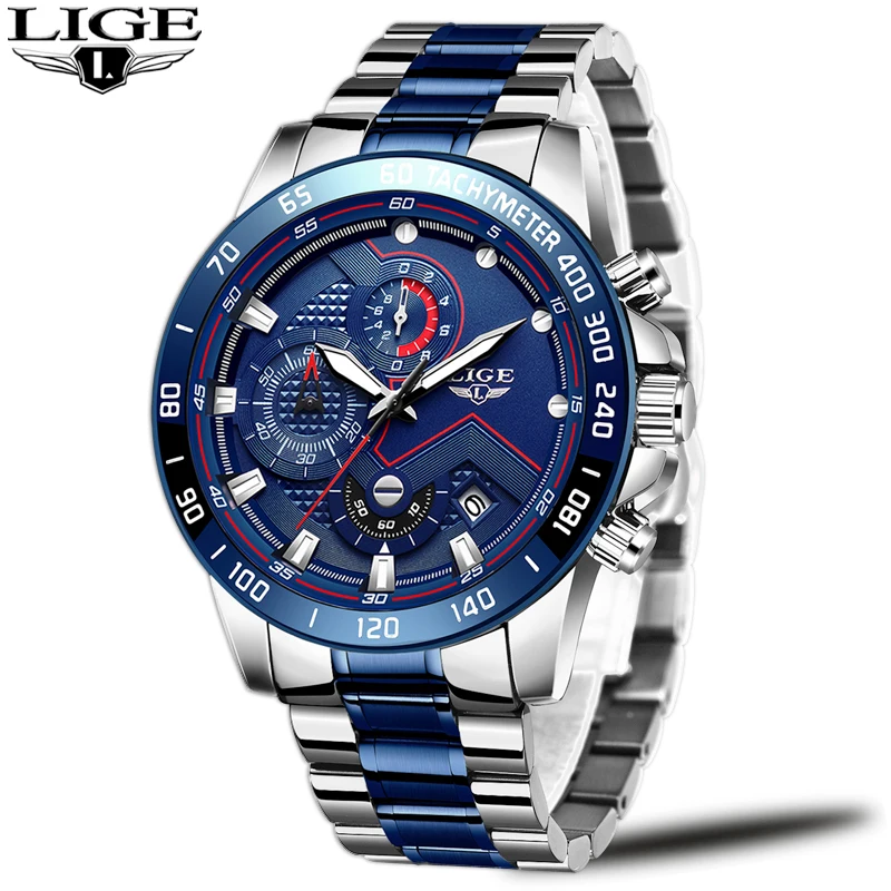 Часы наручные LIGE Мужские кварцевые популярные модные брендовые Роскошные Синие