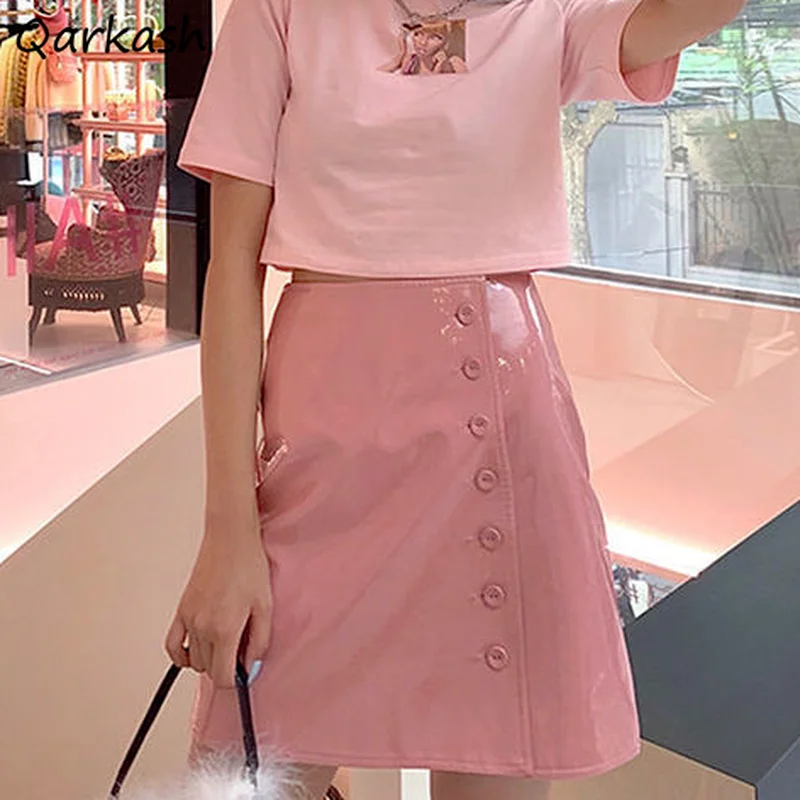 

Юбка женская летняя из искусственной кожи, однобортная, с завышенной талией