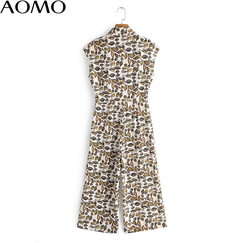 

AOMO fashion Women summer leaf print long jumpsuit short Sleeve turn down collar female casual Jumpsuit 1F76A