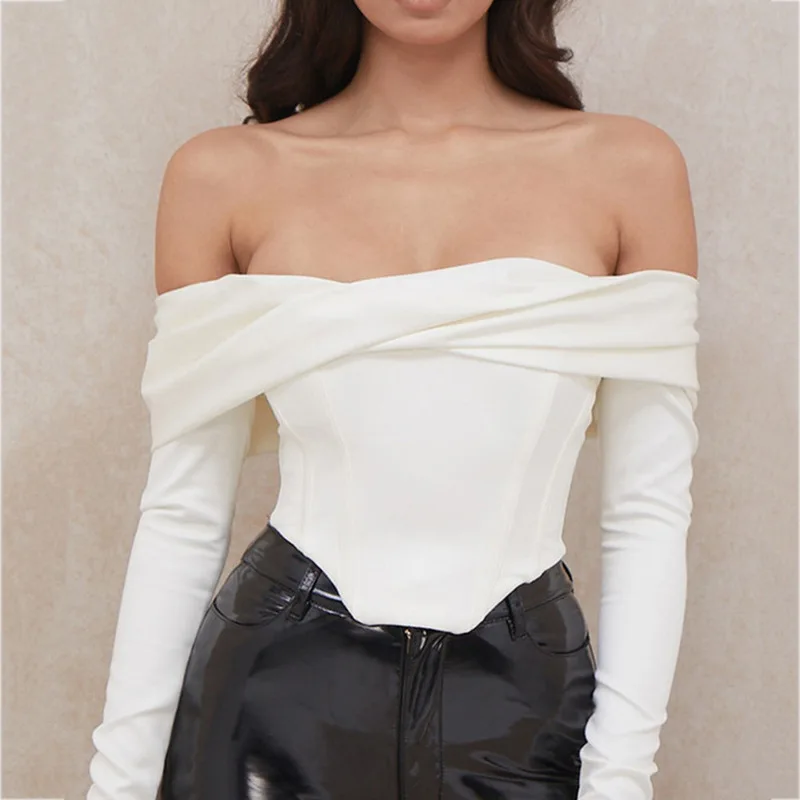 

Autumn and winter 2020 new women's sexy fashion Satin off shoulder one neck long sleeve short top