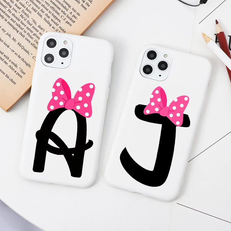 

Letter Monogram A B C D white Bow-knot Soft TPU Phone Case Cover For iphone 11 Pro XR X XS Max 8 7 Plus SE 2020 Soft TPU Case