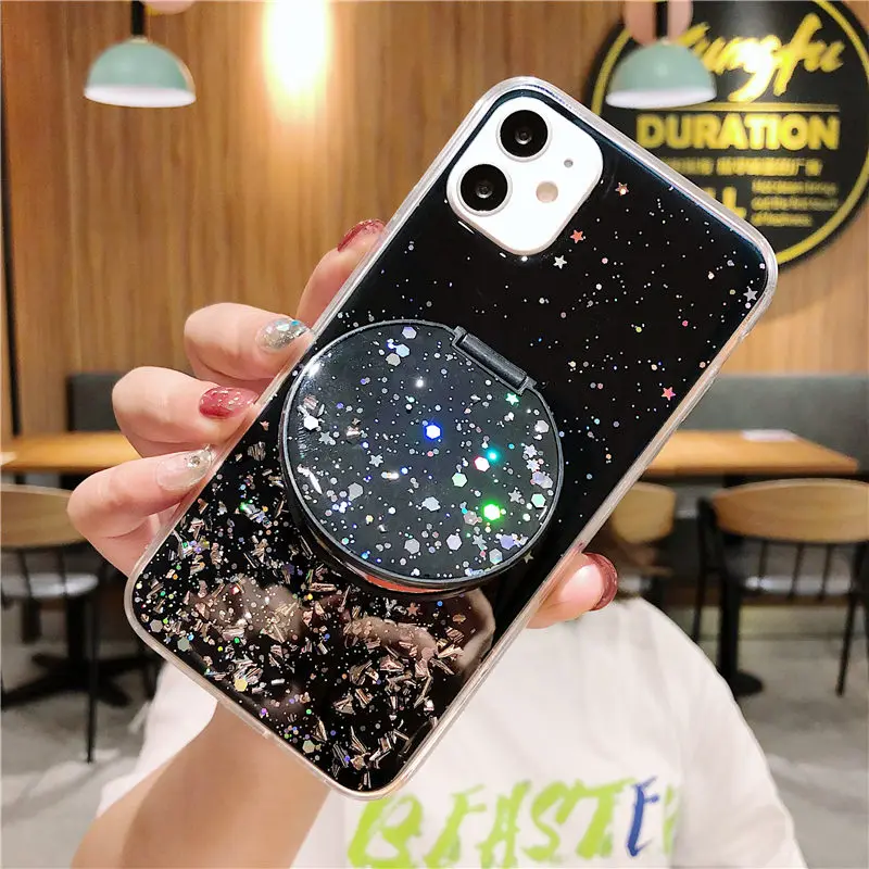 

Glitter Mirror Love Heart Stand Holder Phone Case for iPhone 12 Pro 11 Pro XR XS Max 7 8 Plus 12Mini Shining Soft TPU Back Cover