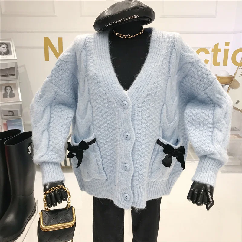 

Bat sleeve Sweater cardigan Women's Spring 2021 New Bow decoration sweet age reducing lazy style knitted top